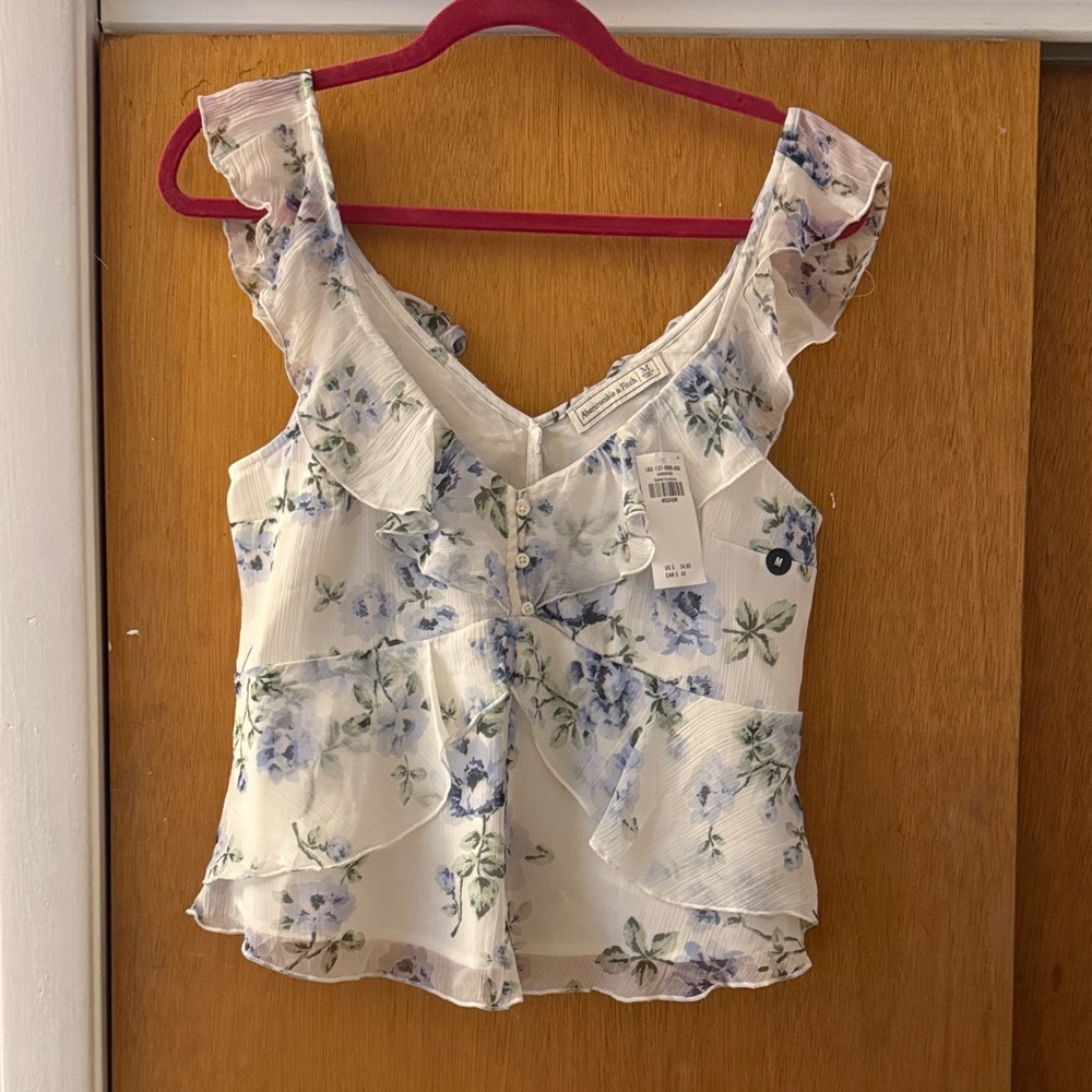Abercrombie & Fitch White and Blue Floral Ruffle Top